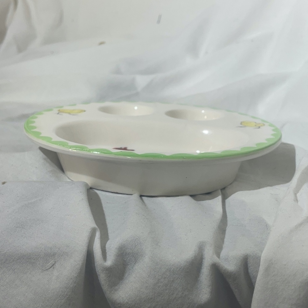 Vintage Hand Painted On Green Trimmed Divided Serving Bowl Country Farm Chicken - Picture 4 of 7